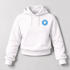 Stockka white cotton fleece raglan sleeve hoodie with drawstring and blue circular logo with white flower.
