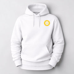Stockka white cotton hoodie for men with drawstring and yellow logo on chest. Casual and comfortable.