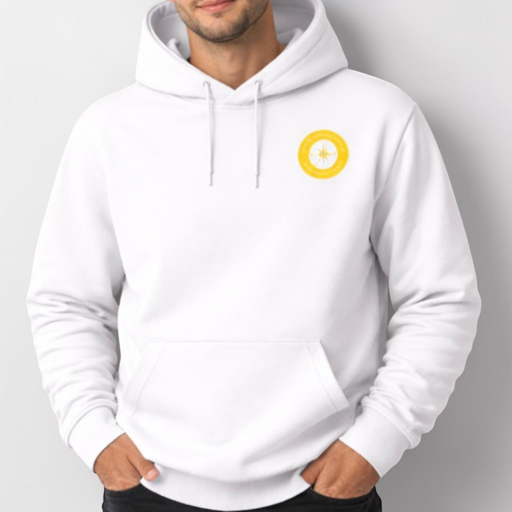 Stockka white cotton hoodie for men with drawstring and front pocket, featuring a yellow circular logo on the chest.