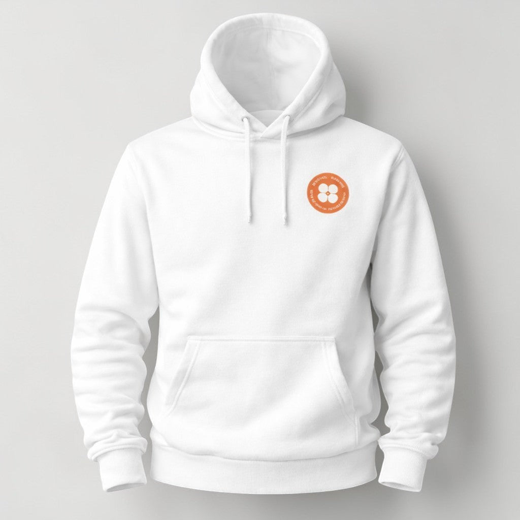 Stockka white cotton oversized hoodie for men with drawstring and orange floral logo on chest.