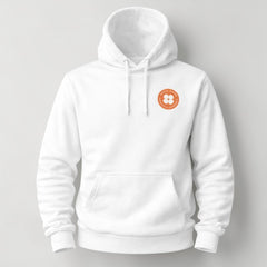 Stockka white cotton oversized hoodie for men with drawstring and orange floral logo on chest.