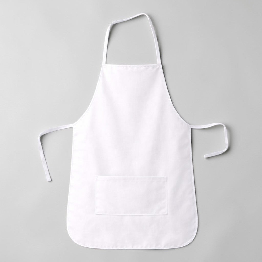 Stockka white full-length apron with rounded bottom and front pocket, made of cotton-polyester blend.