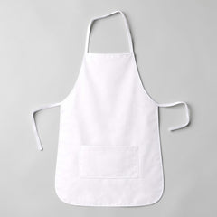 Stockka white full-length apron with rounded bottom and front pocket, made of cotton-polyester blend.