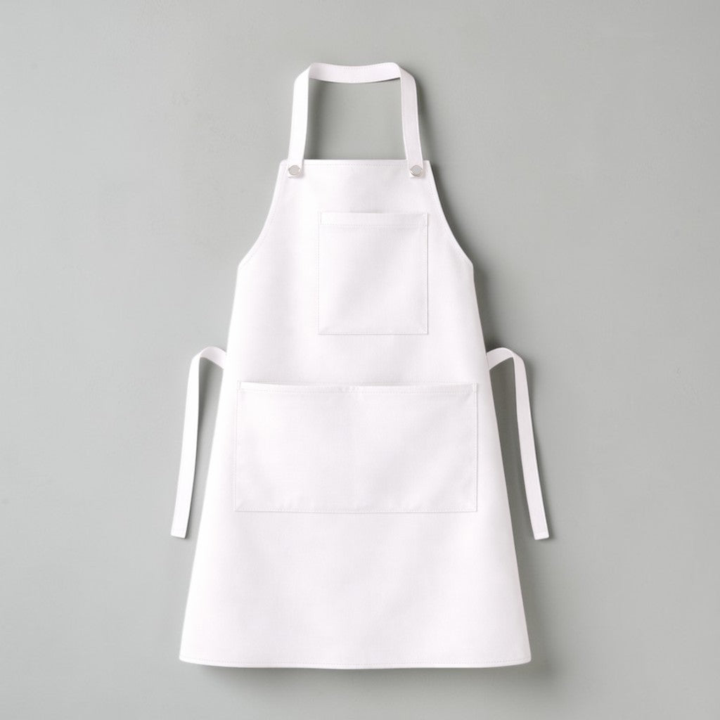 Stockka white full-length apron with two pockets, made of durable cotton-polyester blend, ideal for kitchen, workshop, or cafe use.