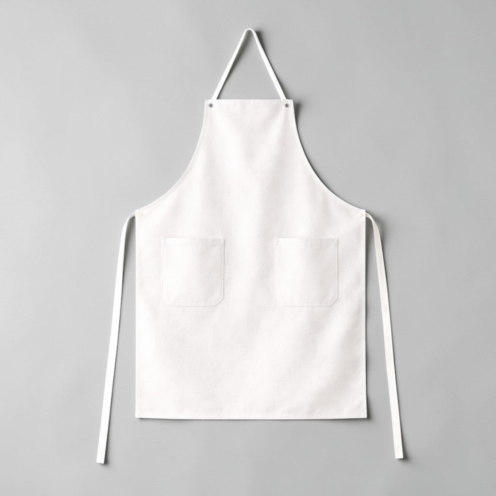 Stockka full length white cotton-polyester blend apron with two front pockets and adjustable waist ties.