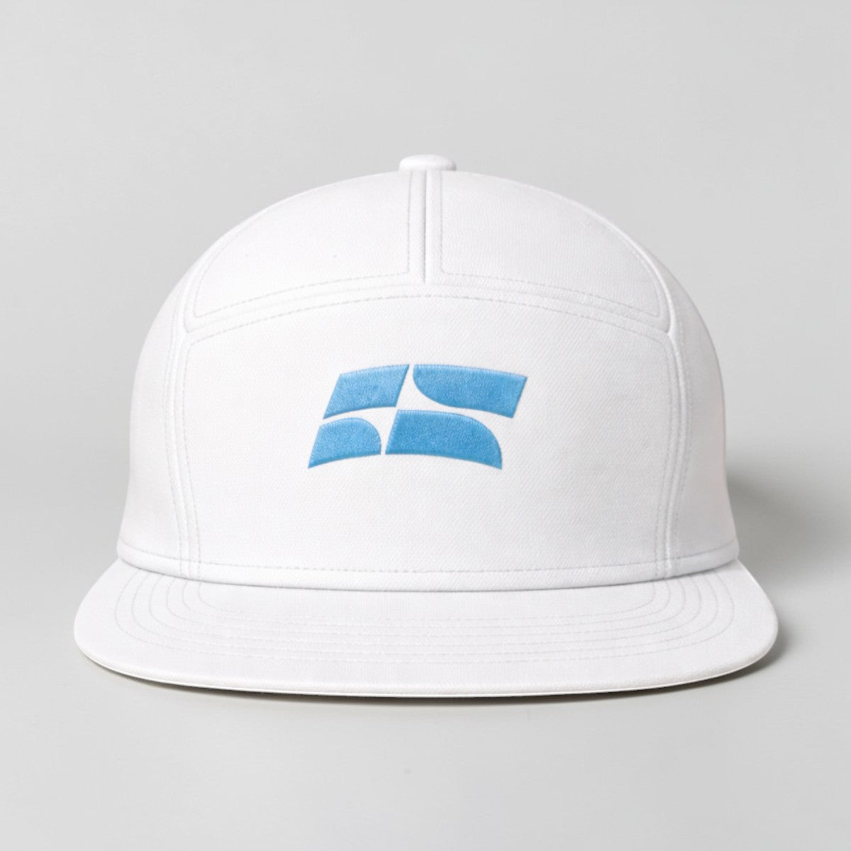 Stockka white cotton flat brim skate hat with blue embroidered logo. Ideal for outdoor activities.