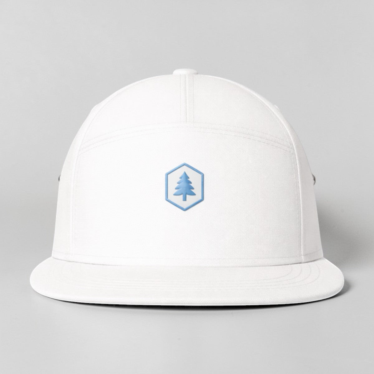 Stockka white 100% cotton urban cap with blue tree logo, adjustable unisex fit.