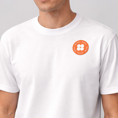 Stockka white cotton V-neck t-shirt with a small orange circular logo on the left chest.