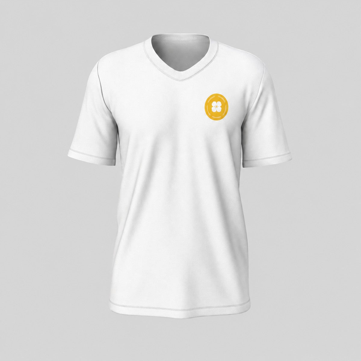 Stockka white cotton v-neck t-shirt with short sleeves and a small yellow circular logo on the left chest.