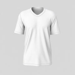Stockka white cotton v-neck t-shirt with short sleeves and double-stitched hem and cuffs.