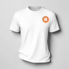 Stockka white cotton V-neck t-shirt with a small orange circular logo on the left chest.
