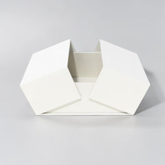Stockka premium rigid gift box with double center opening, white laminated cardboard.