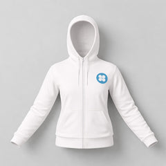 Stockka white zip-up hoodie for women, made of cotton and fleece, with a blue logo on the chest.