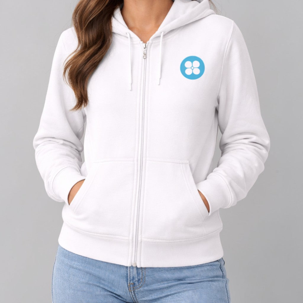 Stockka white cotton fleece zip-up hoodie for women with long sleeves and a blue logo on the chest.