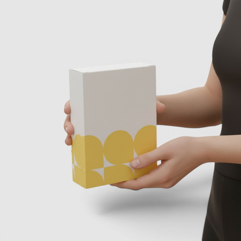 Stockka white rectangular folding box with yellow abstract pattern, top opening, bottom closure.