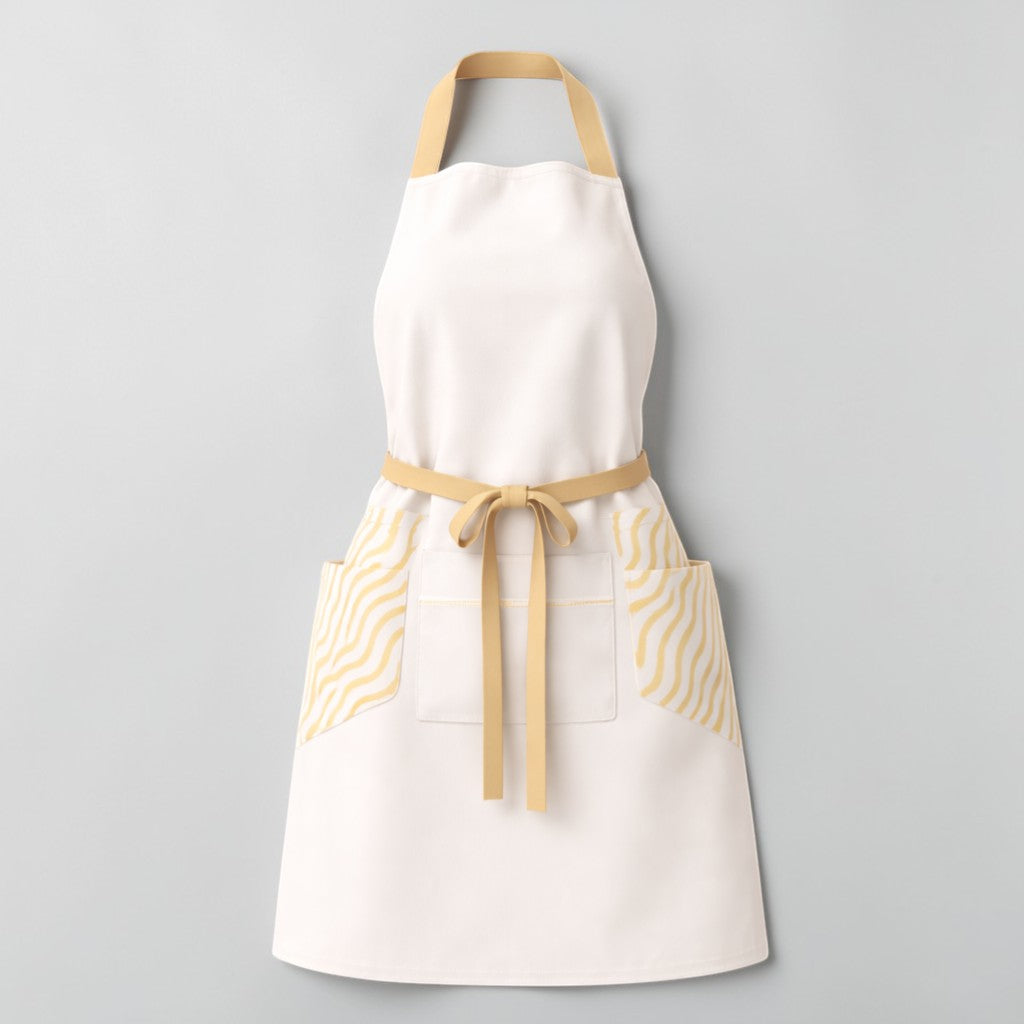 Stockka white full-length apron with tan straps, tan waist tie, and two side pockets featuring a yellow wavy stripe pattern. Made from cotton-polyester blend.