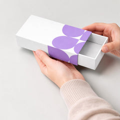 Stockka white rigid board gift box with purple petal design, featuring a pull-out drawer for jewelry or small gifts.