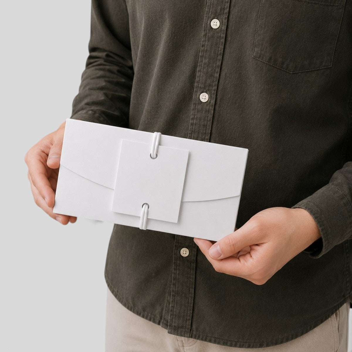 Stockka white paper gift envelope with double ribbon closure and external card, held by a person.