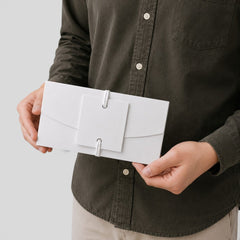 Stockka white paper gift envelope with double ribbon closure and external card, held by a person.