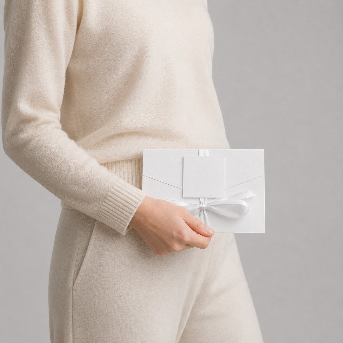 Stockka premium white paper gift envelope with satin ribbon and blank tag, held by a person in a cream sweater and pants.
