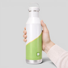 Stockka white and green metal water bottle with carrying handle, ideal for sports and outdoor activities.