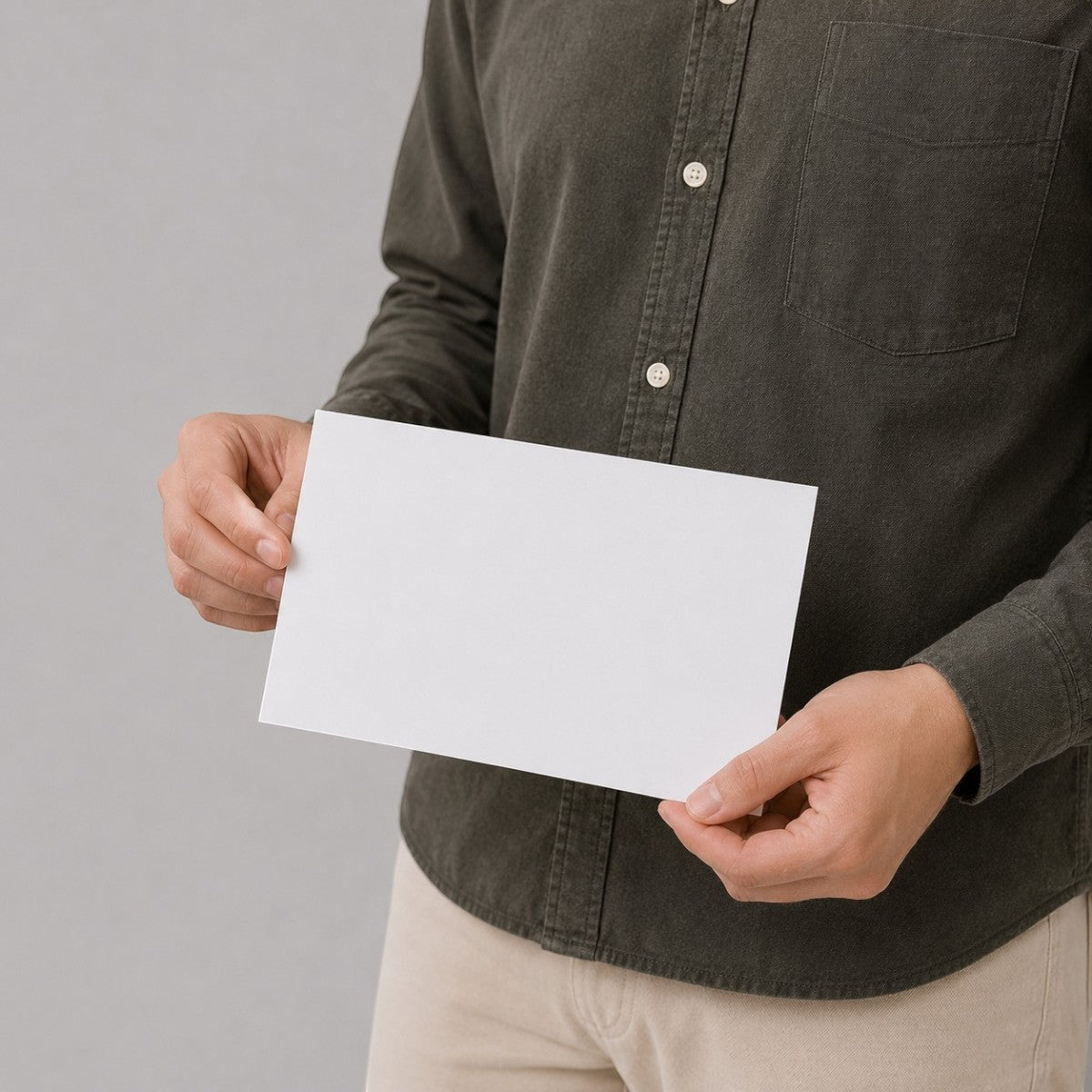 Stockka minimalist white matte cardboard greeting card, 350gsm, held by a person in a dark shirt.