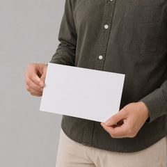 Stockka minimalist white matte cardboard greeting card, 350gsm, held by a person in a dark shirt.