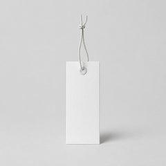 Stockka white rectangular hang tag with reinforced eyelet and string, ideal for retail.