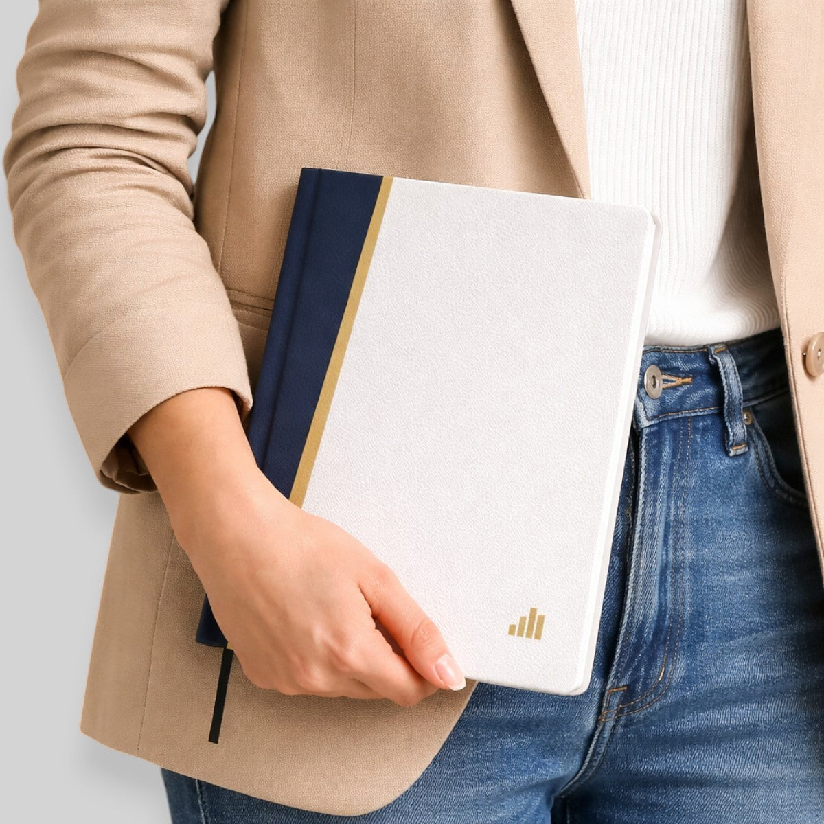 Stockka white hard cover notebook with navy blue and gold spine detail, 80 lined pages, customisable.