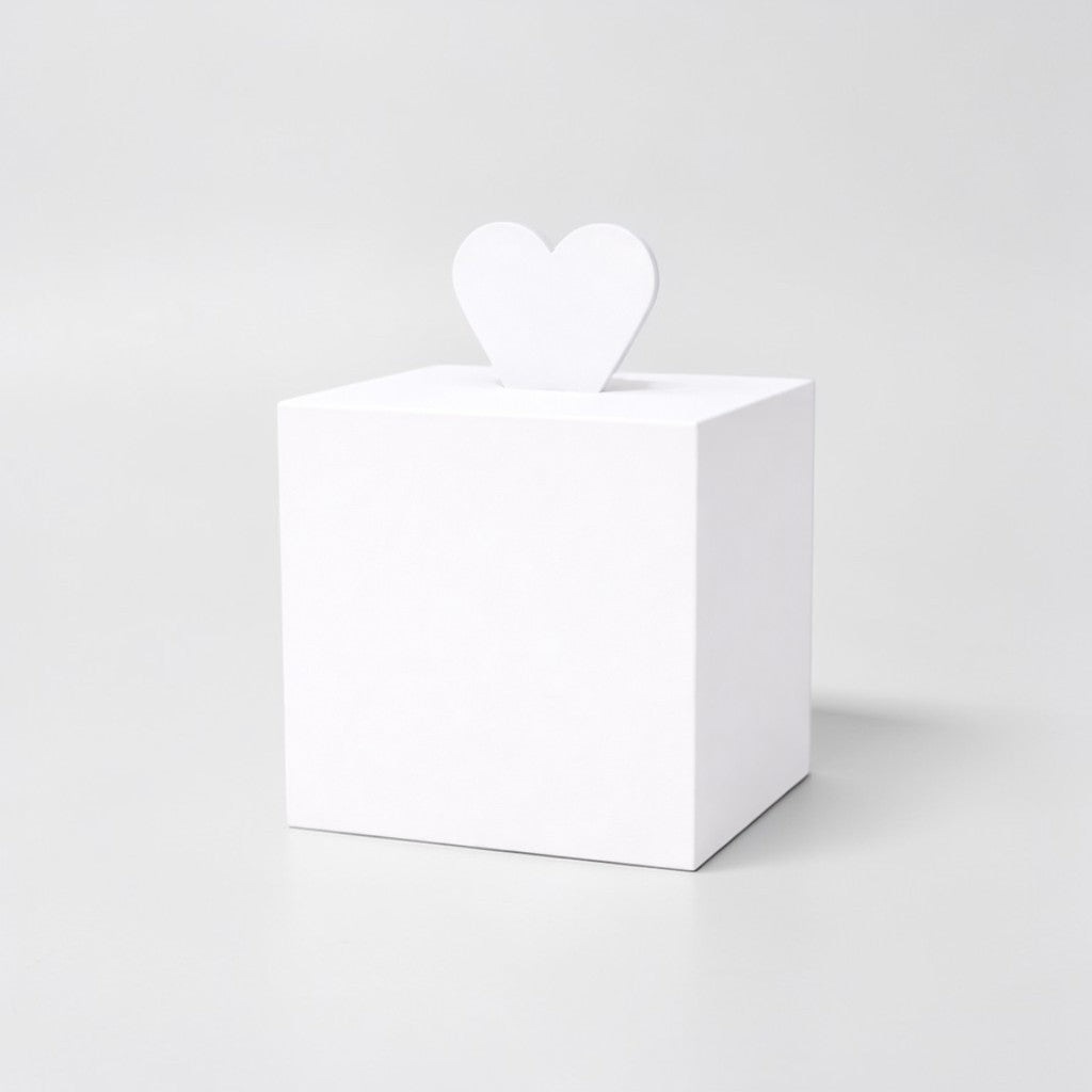 Stockka white cube gift box with heart top closure, perfect for romantic gifts or special occasions.