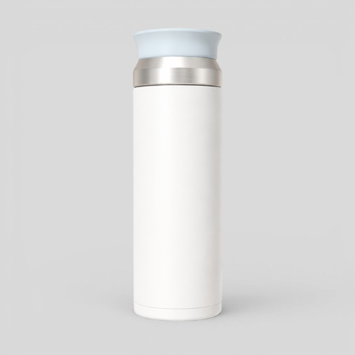 Stockka white insulated stainless steel water bottle with light blue lid and easy-sip spout.