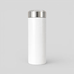 Stockka white stainless steel insulated water bottle with silver screw-on lid, 120 characters.