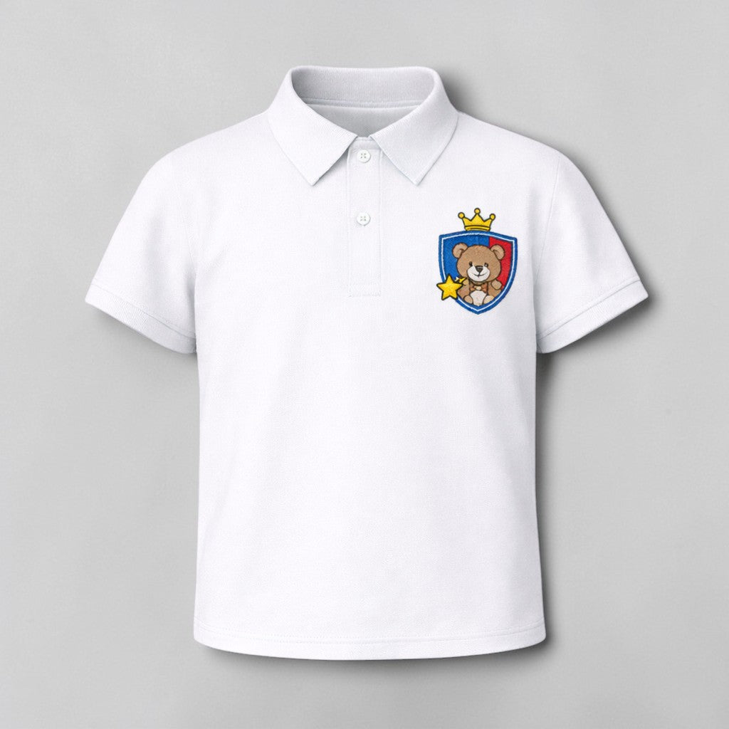 Stockka white polyester kids' polo shirt with a teddy bear crest featuring a crown and star.