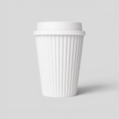 Stockka white ribbed kraft paper coffee cup with a white plastic lid, 380ml capacity, ideal for hot beverages on the go.