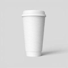 Stockka tall white kraft paper cup with a ribbed texture and white plastic lid, ideal for hot beverages on the go.