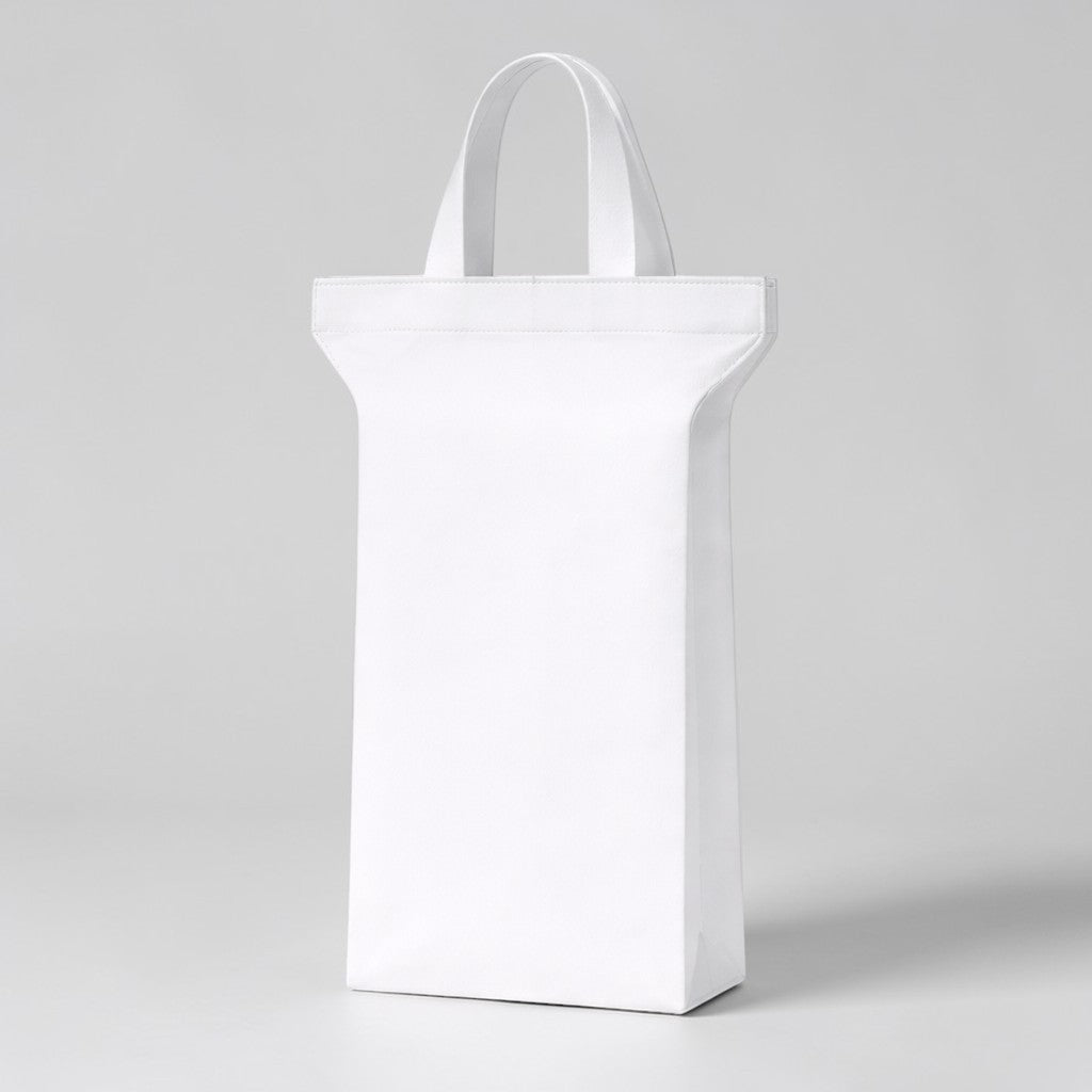 Stockka white laminated plastic stand-up bag with strong loop handles for gifts, cosmetics, and branded products.