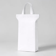 Stockka white laminated plastic stand-up bag with strong loop handles for gifts, cosmetics, and branded products.