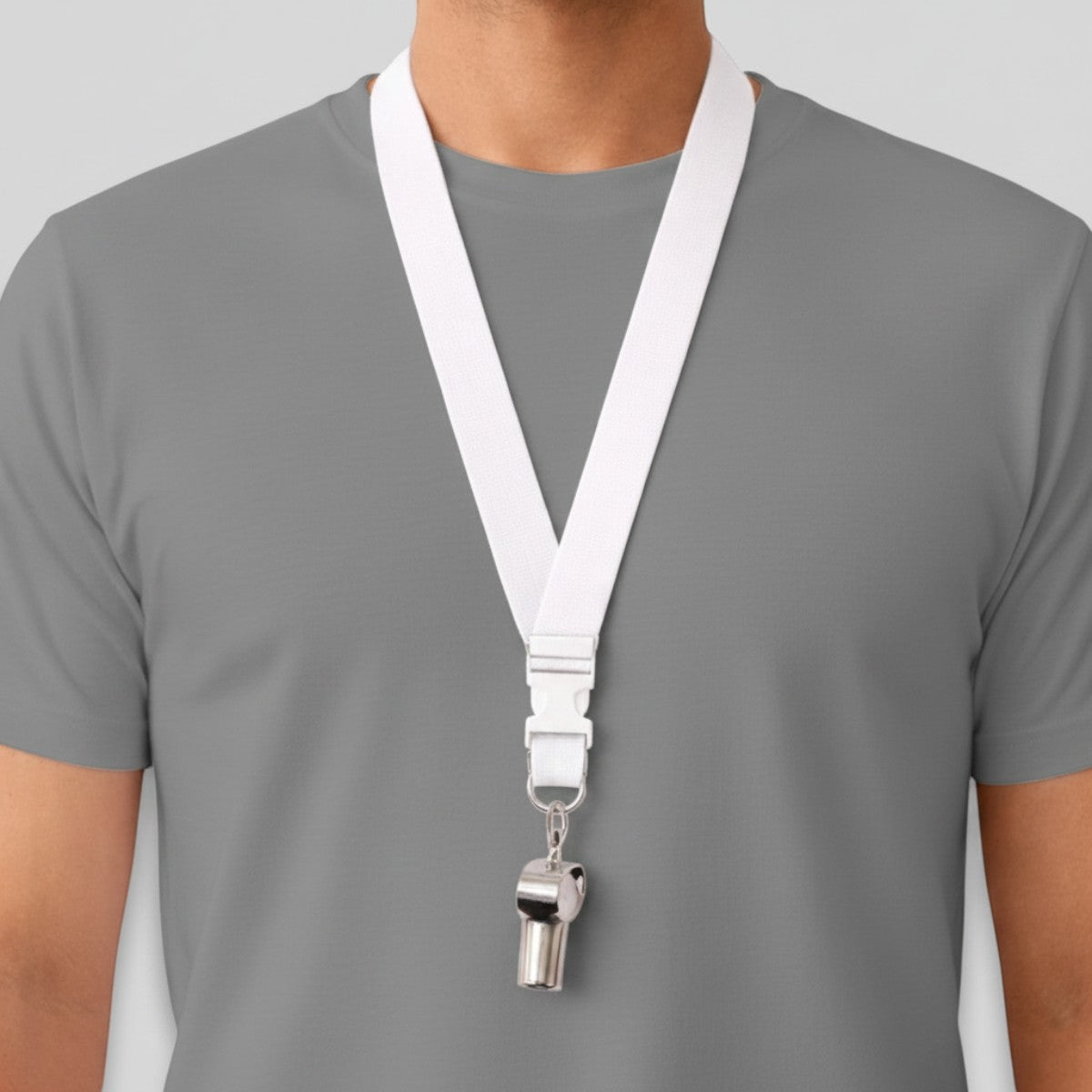 Stockka white polyester lanyard with metal whistle and plastic buckle, perfect for ID cards or keys.