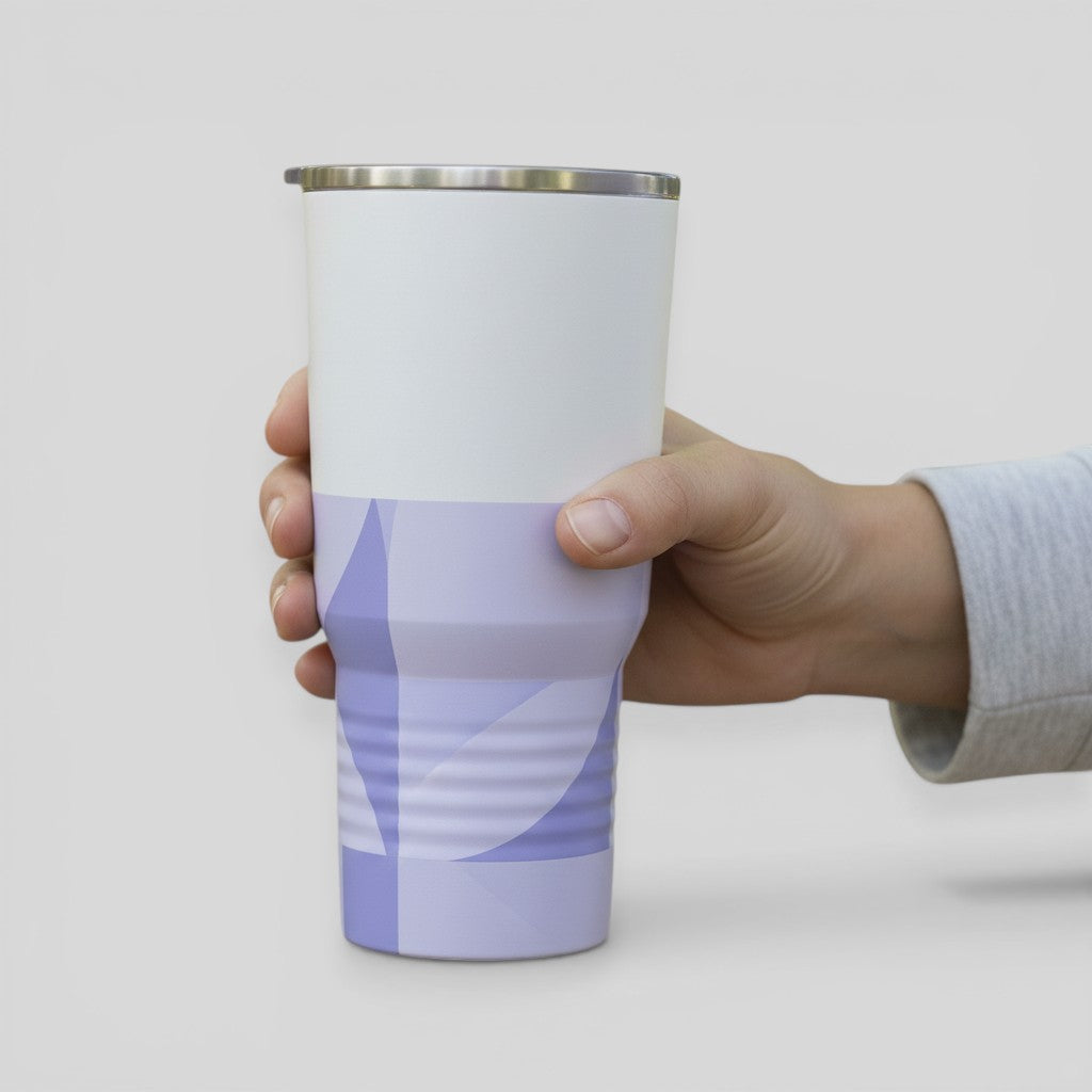 Stockka white and lavender insulated tumbler with clear lid and non-slip base. Double-wall stainless steel.