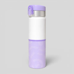 Stockka white and lavender stainless steel thermal bottle with flip-top lid and patterned base.