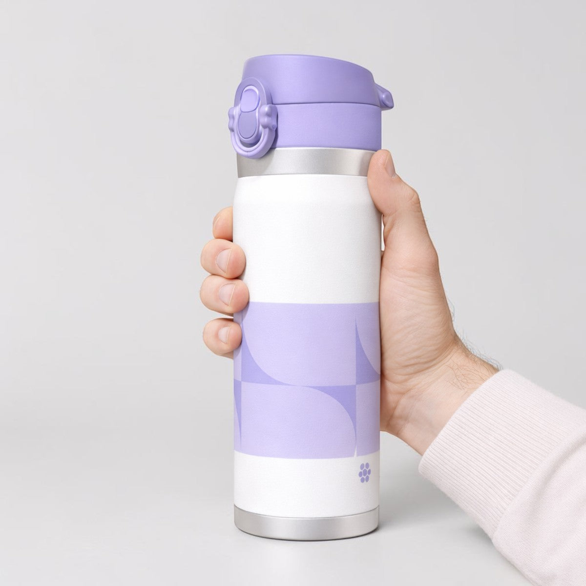 Stockka white and lavender stainless steel thermal bottle with flip-top lid and secure lock. Double-walled insulation.