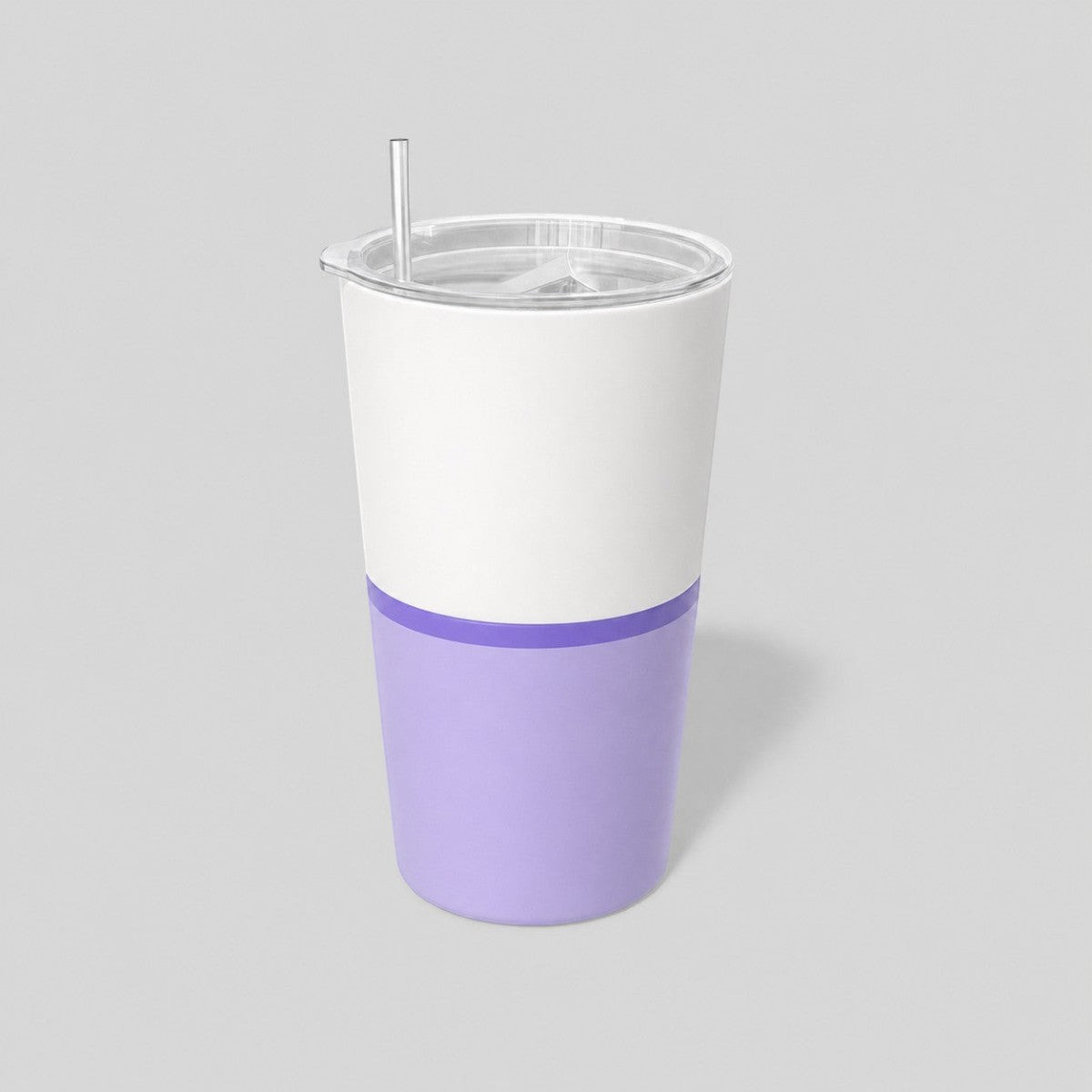 Stockka white and lavender double-walled stainless steel tumbler with clear lid and metal straw. Ergonomic design for hot or cold drinks.
