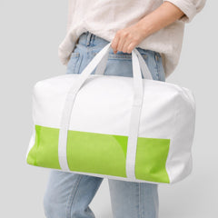 Stockka white and lime green polyester duffel bag with white straps, perfect for travel and sports.