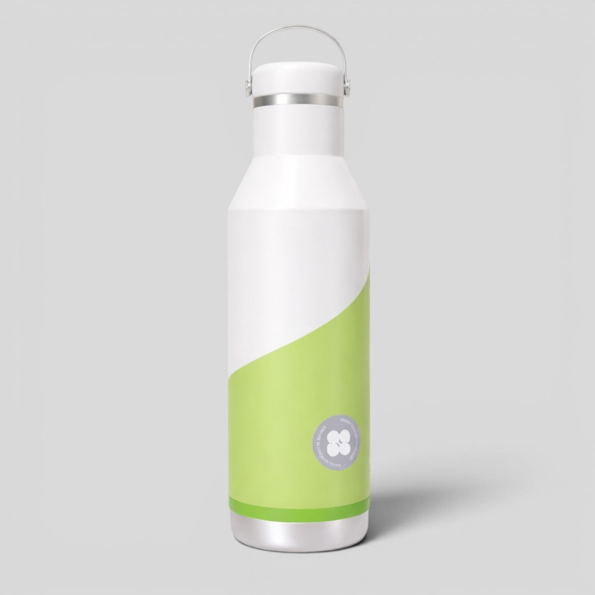 Stockka white and lime green metal water bottle with silver handle and screw-top lid, ideal for sports and outdoor activities.