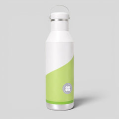 Stockka white and lime green metal water bottle with silver handle and screw-top lid, ideal for sports and outdoor activities.