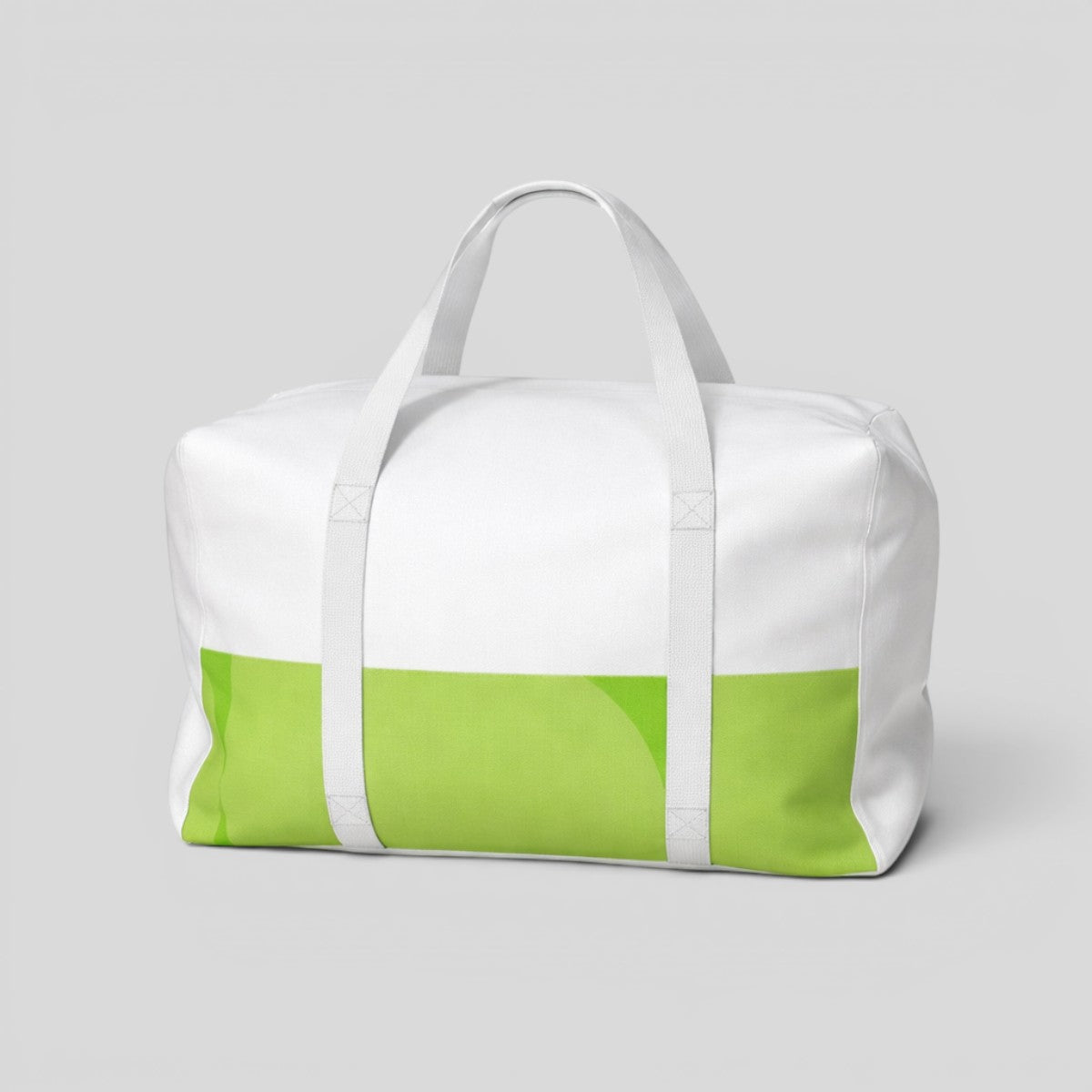 Stockka white and lime green polyester duffel bag with white handles, perfect for travel and sports.