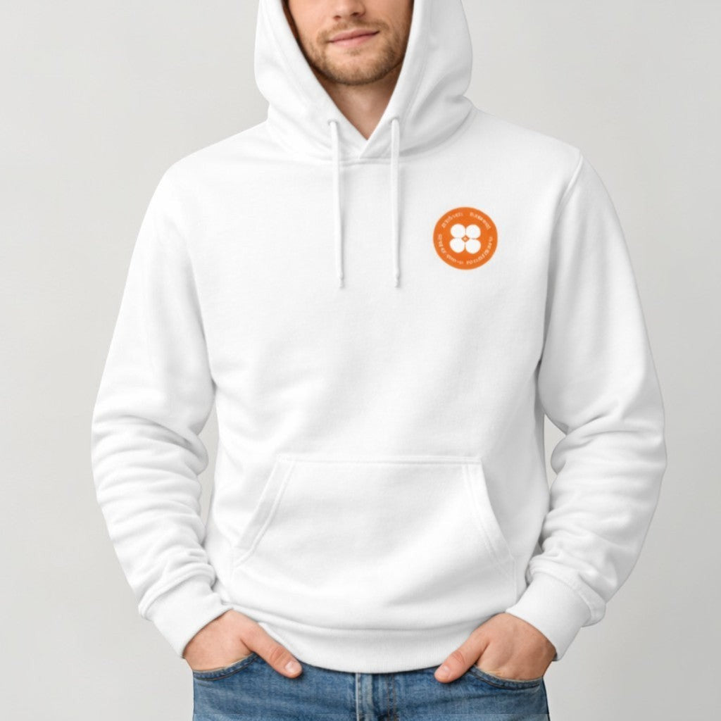 Stockka white cotton oversized hoodie for men with drawstring and orange logo detail on chest. Casual and comfortable.