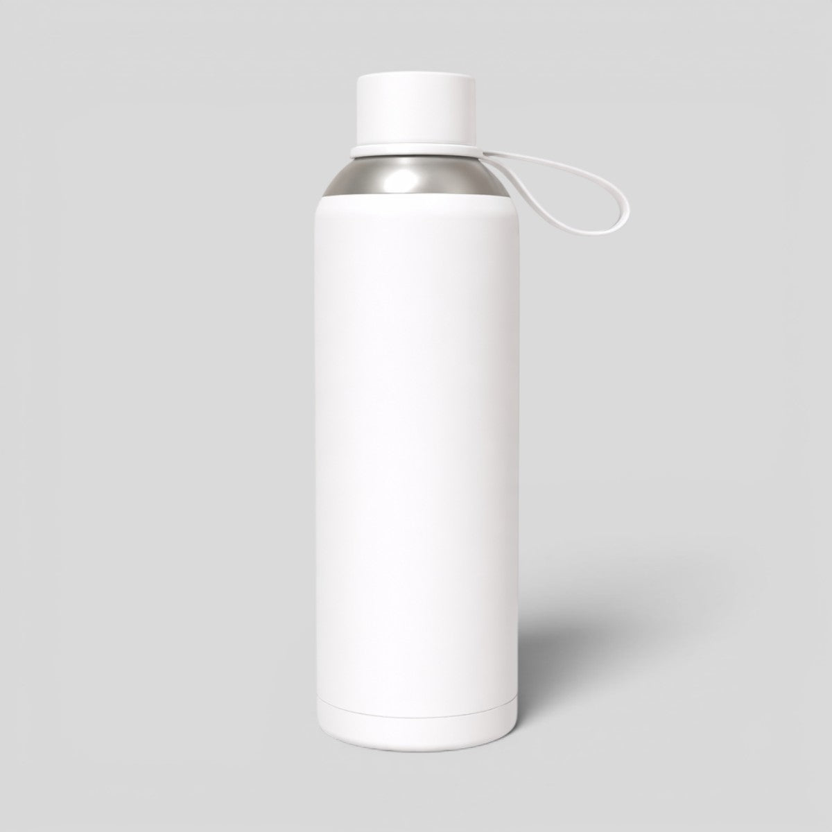 Stockka white metal water bottle with secure lid and carrying strap, ideal for travel and daily use.