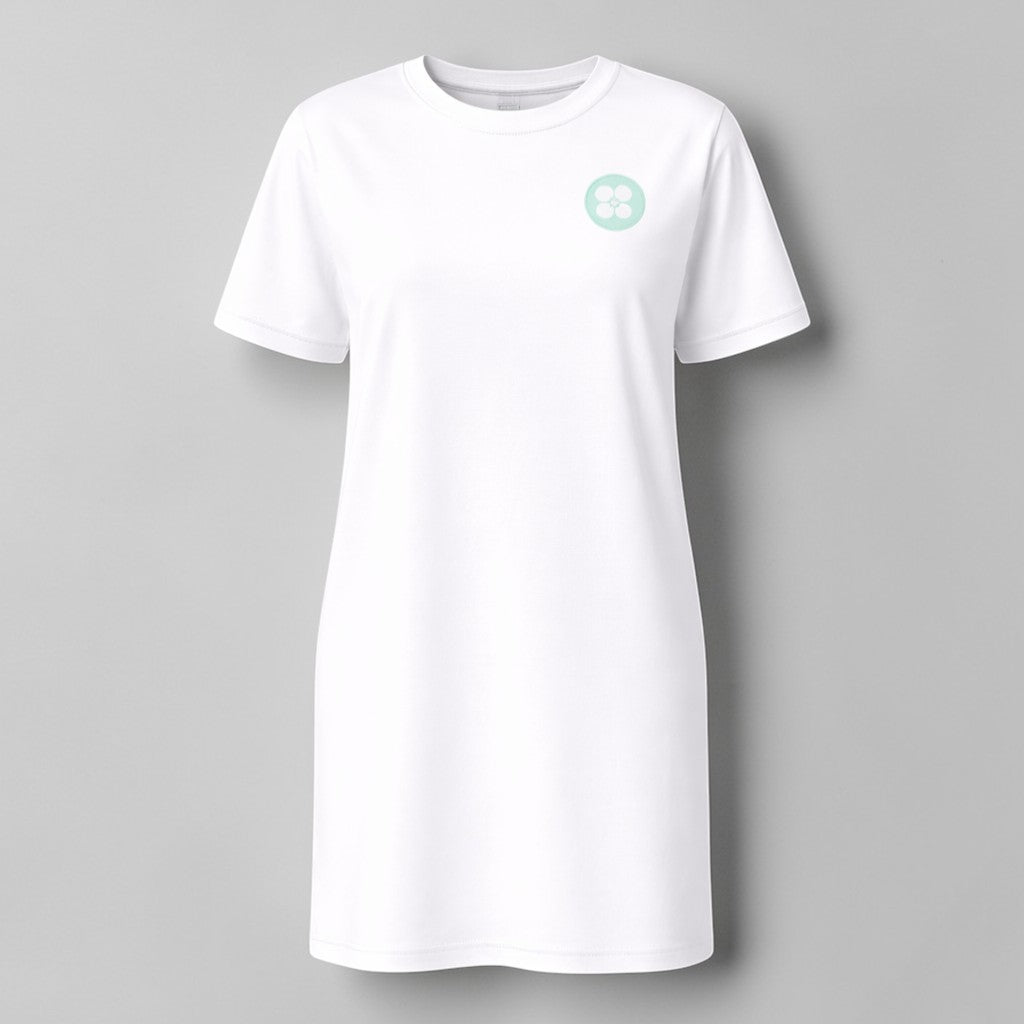 Stockka white 100% cotton oversized t-shirt dress with a round neckline and a small mint green logo on the chest.