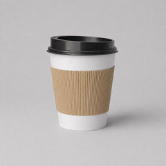 Stockka white paper coffee cup with corrugated kraft sleeve and black plastic lid, 350ml capacity.